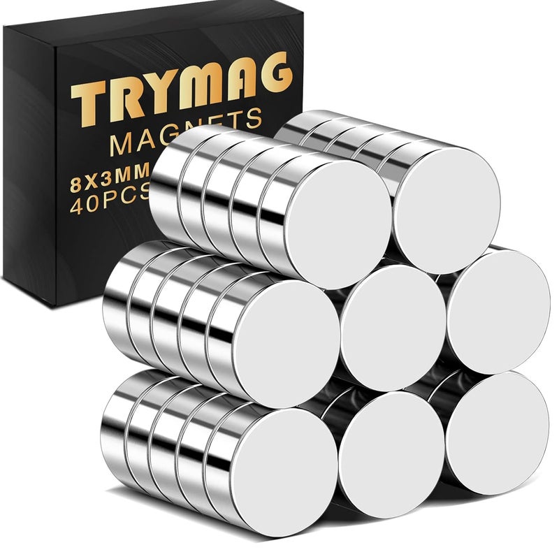 TRYMAG 40Pcs Refrigerator 8x3mm Small Round Magnets for Crafts, Mini Rare Earth Tiny Strong Neodymium Disc Magnets for Whiteboard, Fridge, Office, Hobbies, Kitchen, DIY - Image 1